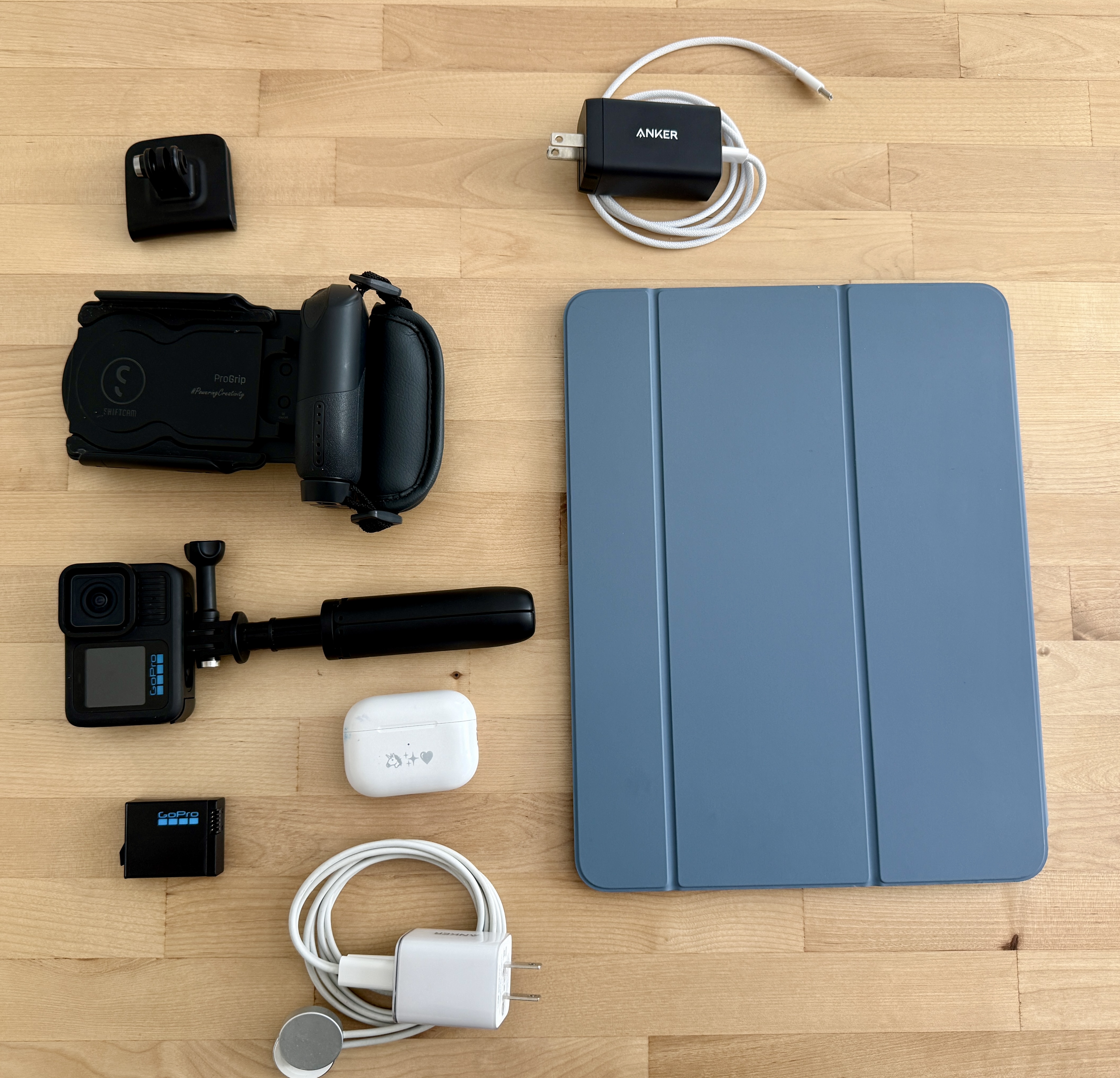 GoPro, battery, two chargers, Phone Grip, mount, iPad